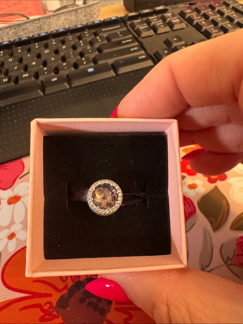 Pandora Silver charm with light pink Faceted Center and Pavé Halo